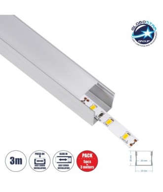GloboStar® SURFACE-PROFILE 70867-3M Προφίλ Αλουμινίου - Βάση & Ψύκτρα Ταινίας LED με Λευκό Γαλακτερό Κάλυμμα - Επιφανειακή Χρήση - Πατητό Κάλυμμα - Ασημί - 3 Μέτρα - Πακέτο 5 Τεμαχίων - Μ300 x Π2.3 x Υ2cm